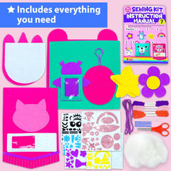 My First Sewing Kit for Beginner Kids Arts & Crafts, 7 Easy DIY Projects of Stuffed Animal Dolls and Plush Pillow Craft, Instructions & Felt, Gift for Girls, Boys, Learn to Sew, Embroidery