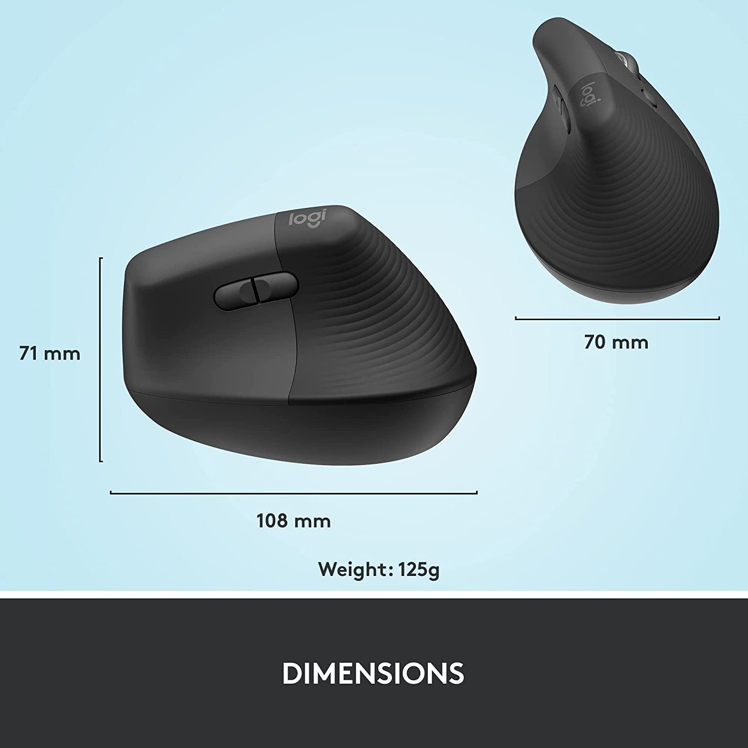Lift Vertical Ergonomic Mouse, Wireless, Bluetooth or Logi Bolt USB Receiver, Quiet Clicks, 4 Buttons, Compatible with Windows/Macos/Ipados, Laptop, PC - Graphite