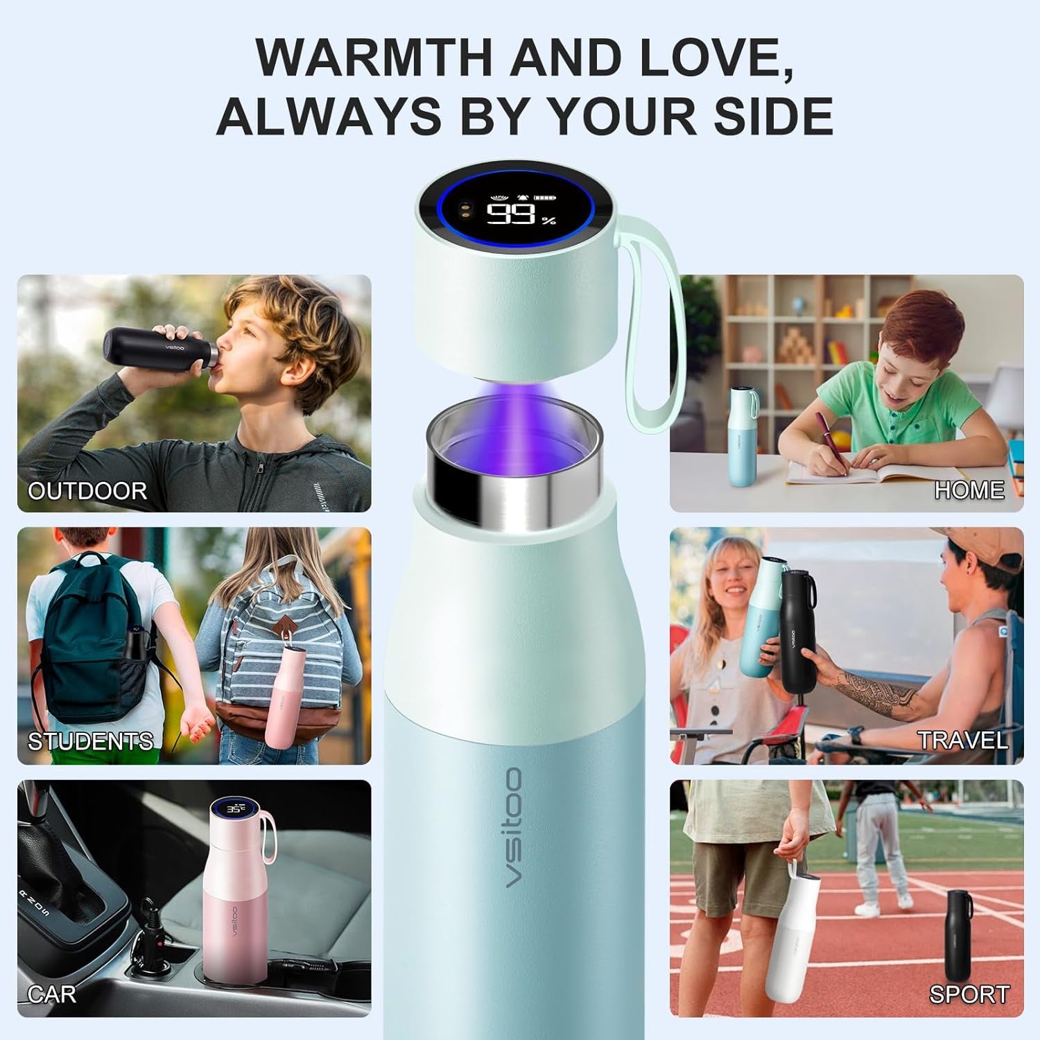 Self-Cleaning Smart Water Bottle, Vacuum Stainless Steel Insulated Water Bottle with Handle Double-Wall, Keep Drink Hot or Cold, Leak Proof, 15 Oz