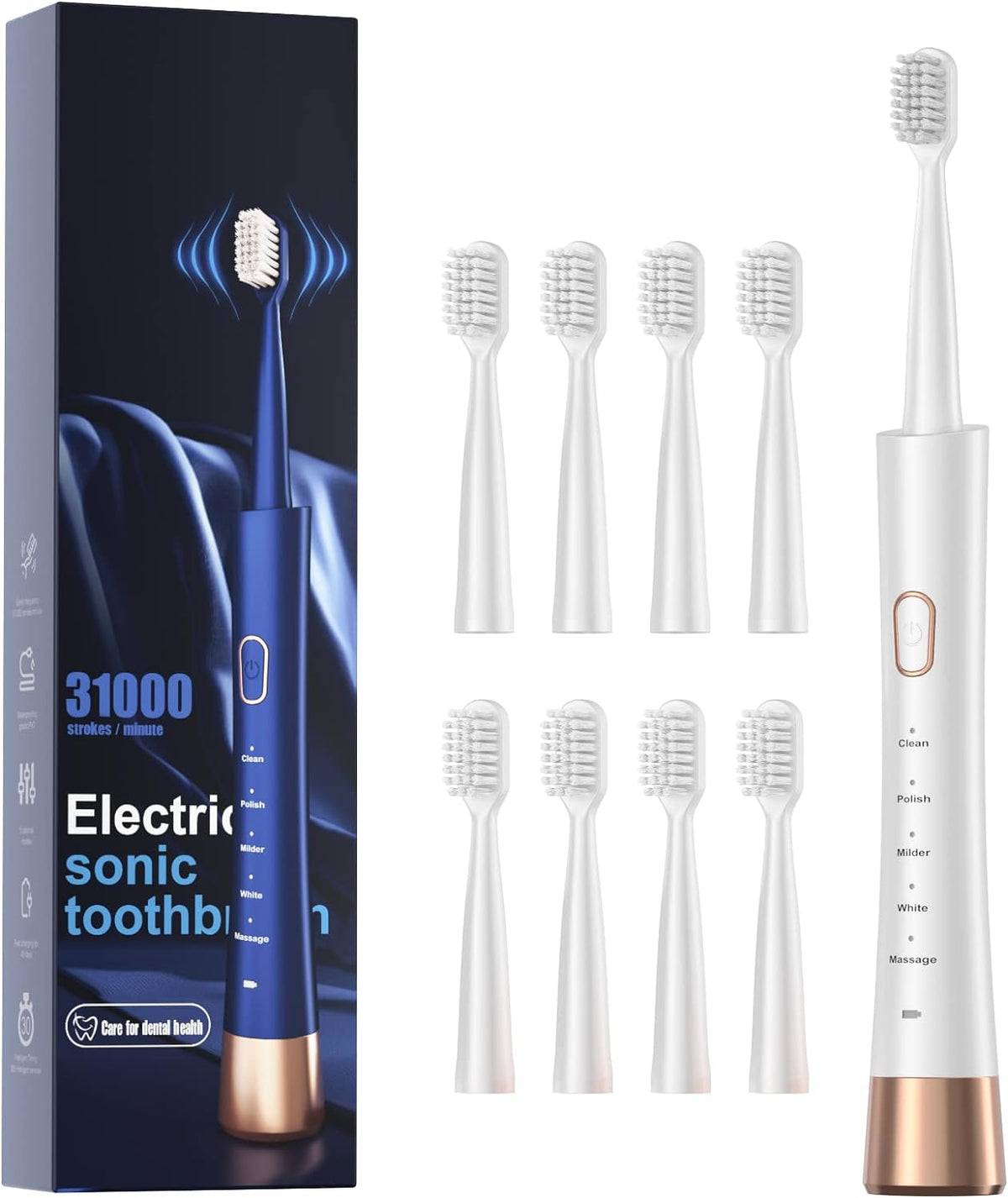 High Vibration Sonic Electric Toothbrush for Adults with 2 Minutes Smart Timer, Fast Charge Lasts Long, 5 Optional Modes, 8 Replacement Brush Heads Ultra Whitening, White