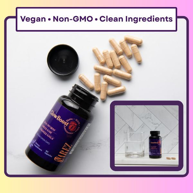 Glowboost Collagen Booster - Supports All 28 Collagen Types with MSM Bamboo Silica Astaxanthin Pomegranate Extract for Hair Skin Nails & Anti-Aging - 60 Vegan Capsules - High Potency Supplement