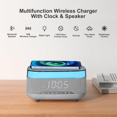 Smart Alarm Clock with 15W Fast Wireless Charger & Bluetooth Speaker - Dual Alarm, Dimmable Display, Touch Bedside Lamp, Nightstand Clock for Bedroom, Office, Home