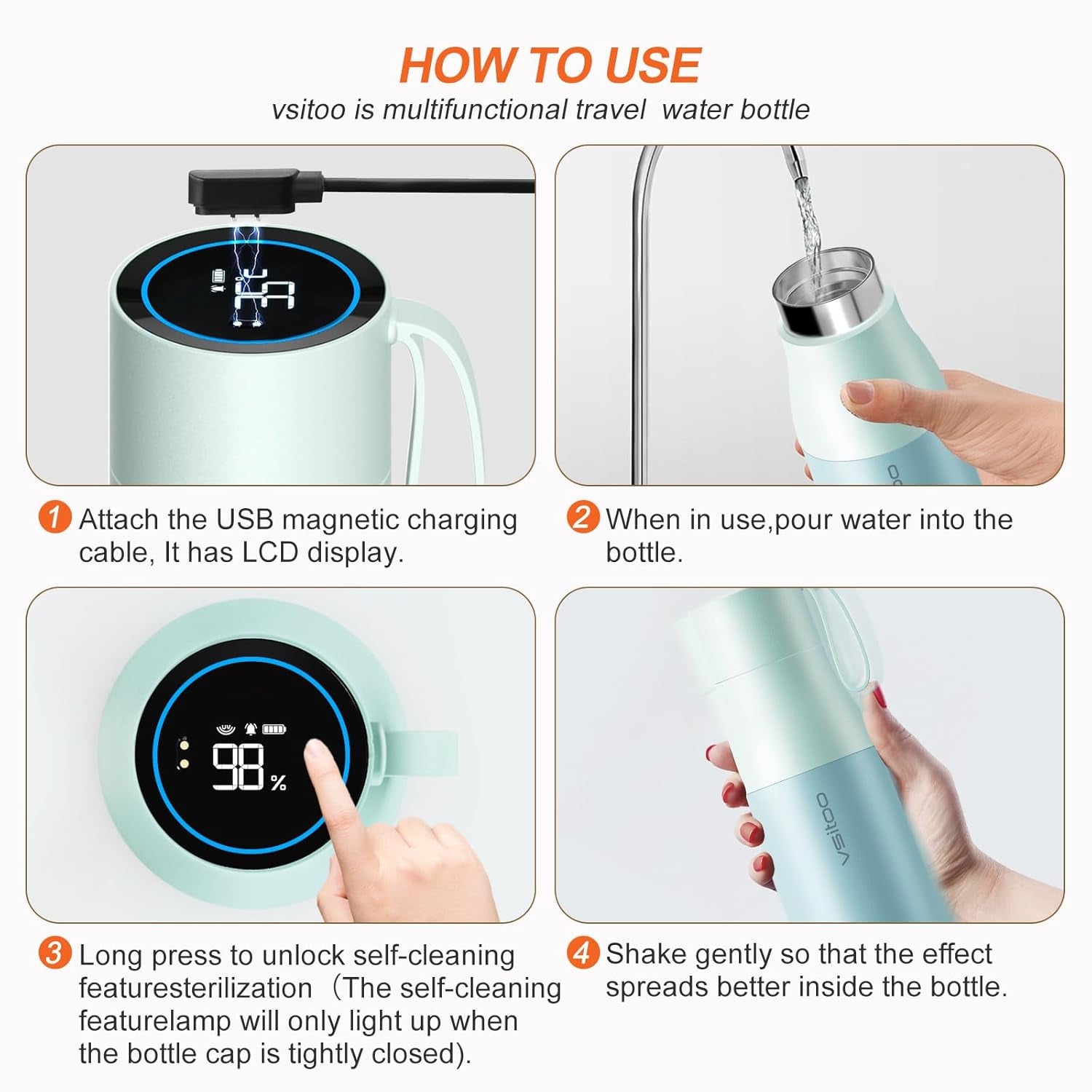 Self-Cleaning Smart Water Bottle, Vacuum Stainless Steel Insulated Water Bottle with Handle Double-Wall, Keep Drink Hot or Cold, Leak Proof, 15 Oz