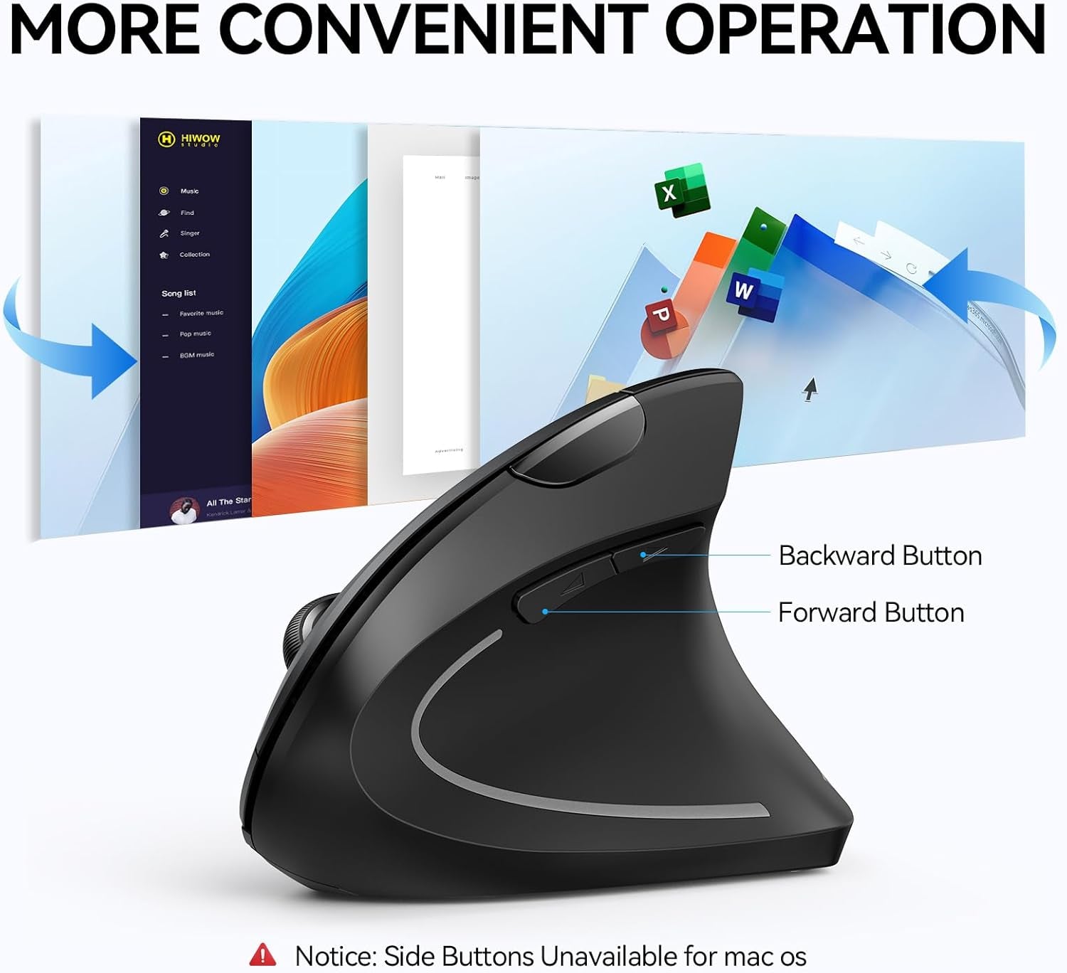 Ergonomic Mouse, Wireless Bluetooth Vertical Mouse, 4800 DPI Optical Tracking, 6 Adjustable DPI, Quiet Clicks, 2.4Ghz with USB a Receiver, 6 Buttons, Wide Compatibility - Black