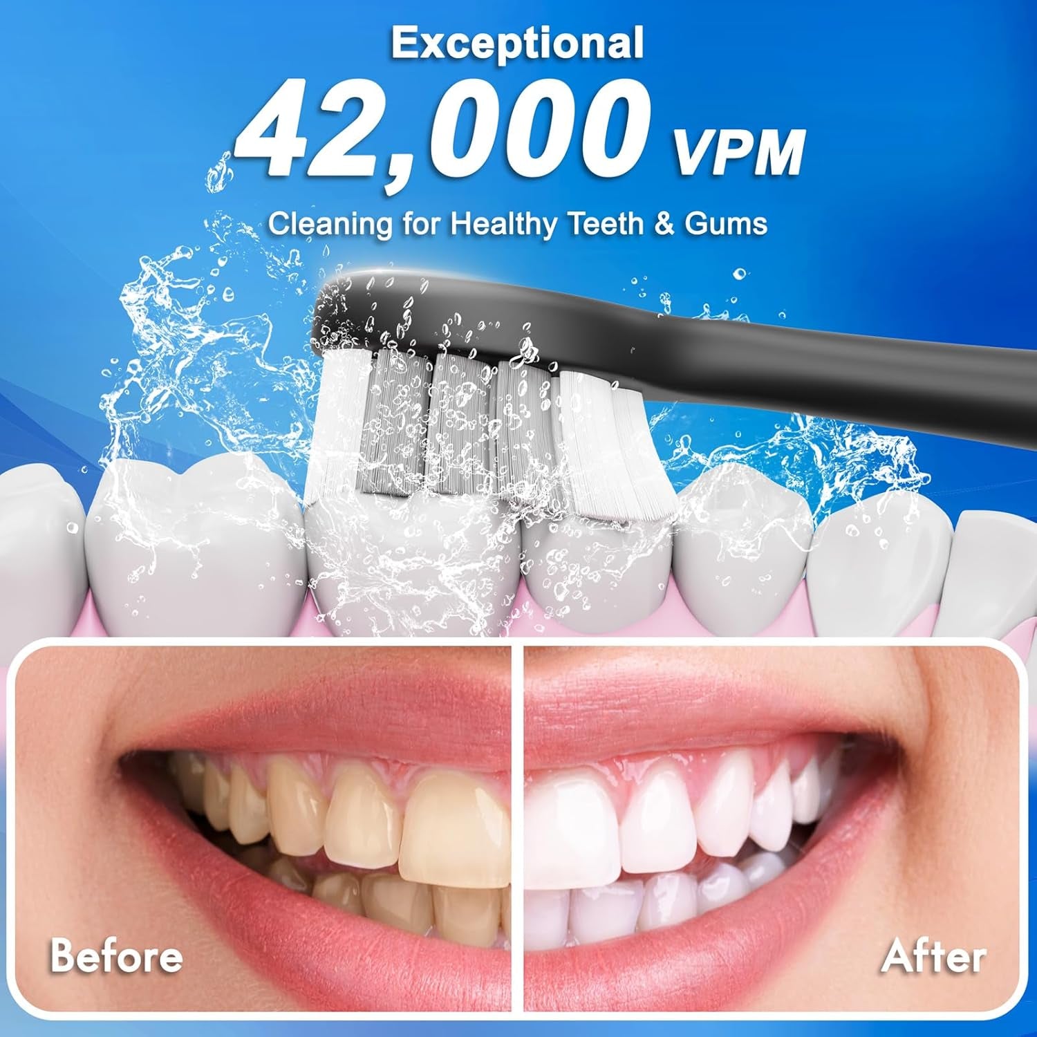 Electric Toothbrush for Adults and Kids, Comes with 10 Brush Heads & Travel Case, 5 Modes with 2 Minutes Built in Smart Timer, One Charge for 90 Days, 42,000 VPM Motor