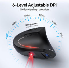 Ergonomic Mouse, Wireless Bluetooth Vertical Mouse, 4800 DPI Optical Tracking, 6 Adjustable DPI, Quiet Clicks, 2.4Ghz with USB a Receiver, 6 Buttons, Wide Compatibility - Black