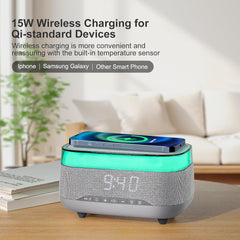 Smart Alarm Clock with 15W Fast Wireless Charger & Bluetooth Speaker - Dual Alarm, Dimmable Display, Touch Bedside Lamp, Nightstand Clock for Bedroom, Office, Home