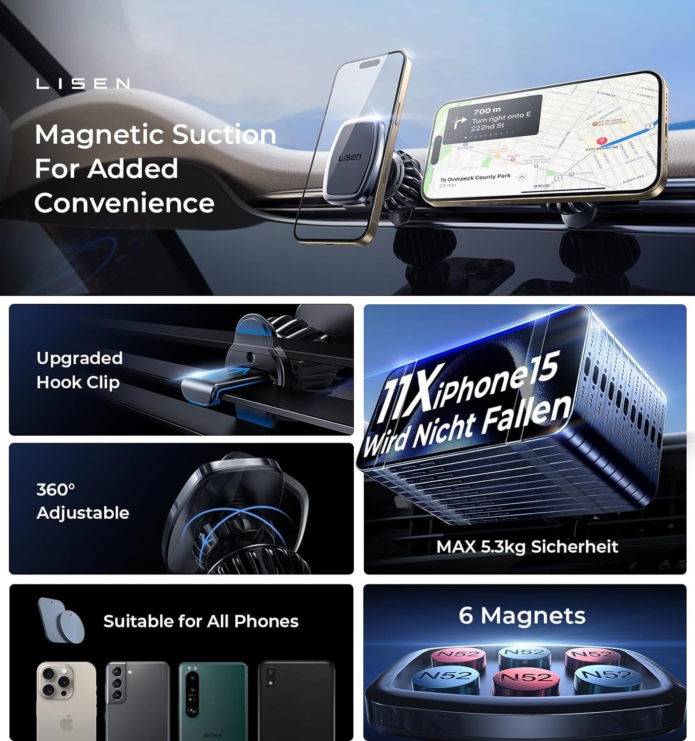 Magnetic Phone Holder for Car - Upgraded Clip Ultra 6 Strong Magnets, Car Phone Holder Case Friendly,Soporte De Telefono Para Carro for Galaxy S25 Ultra 4-6.7 Inch Smartphones (Black)