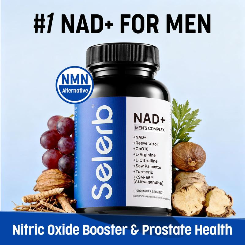 Selerb NAD+ Supplement for Men – with Liposomal-Nad+,Coq10, L-Carnitine, L-Arginine, Maca & Ashwagandha – Energy, Circulation & Prostate Support – 60 Capsules