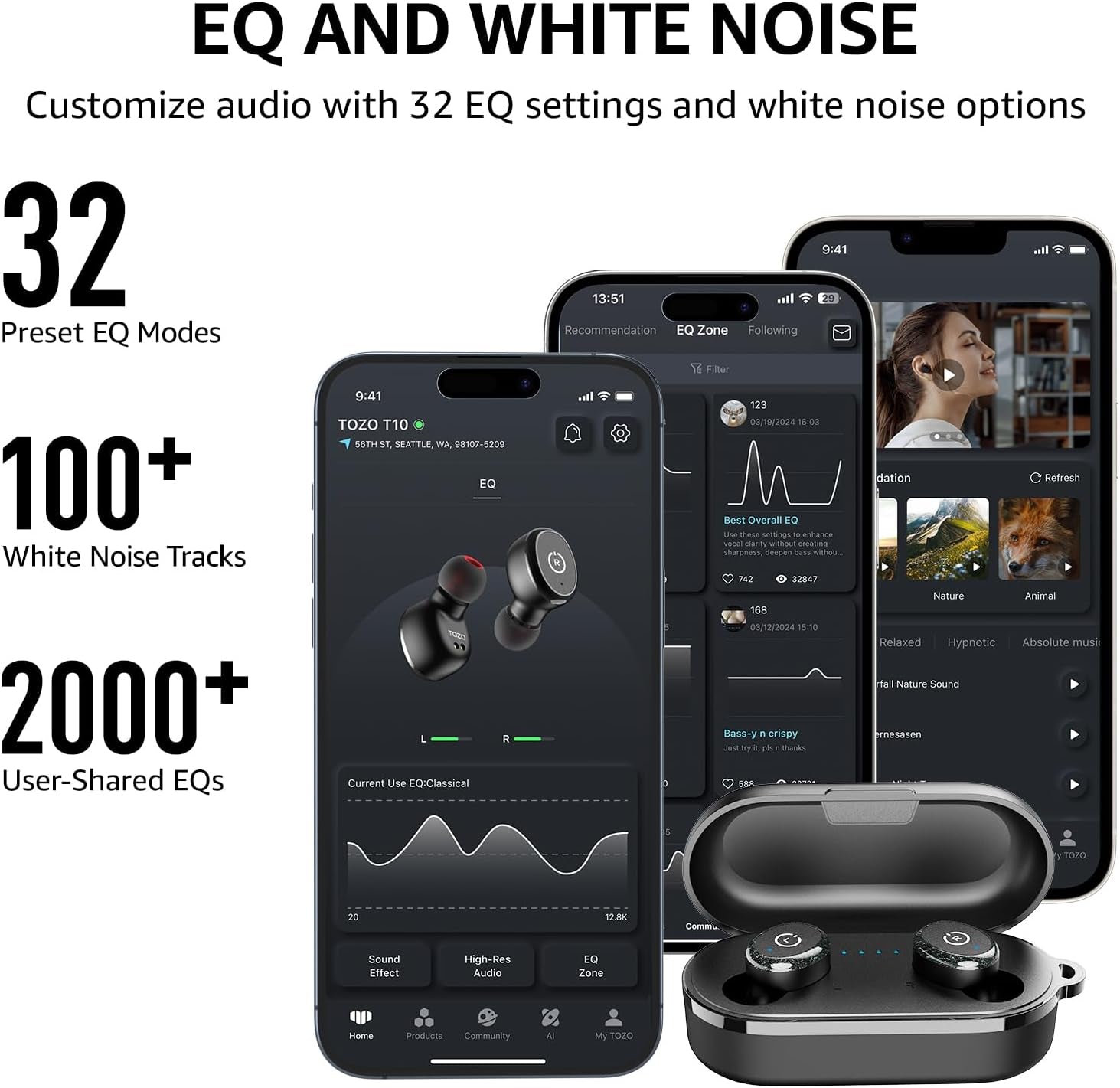 T10 True Wireless Bluetooth 5.3 Earbuds, 45H Playtime, Wireless Charging Case, IPX8 Waterproof Stereo Headphones in Ear Built in Mic Headset Premium Sound with Deep Bass, 32 Preset Eqs via APP