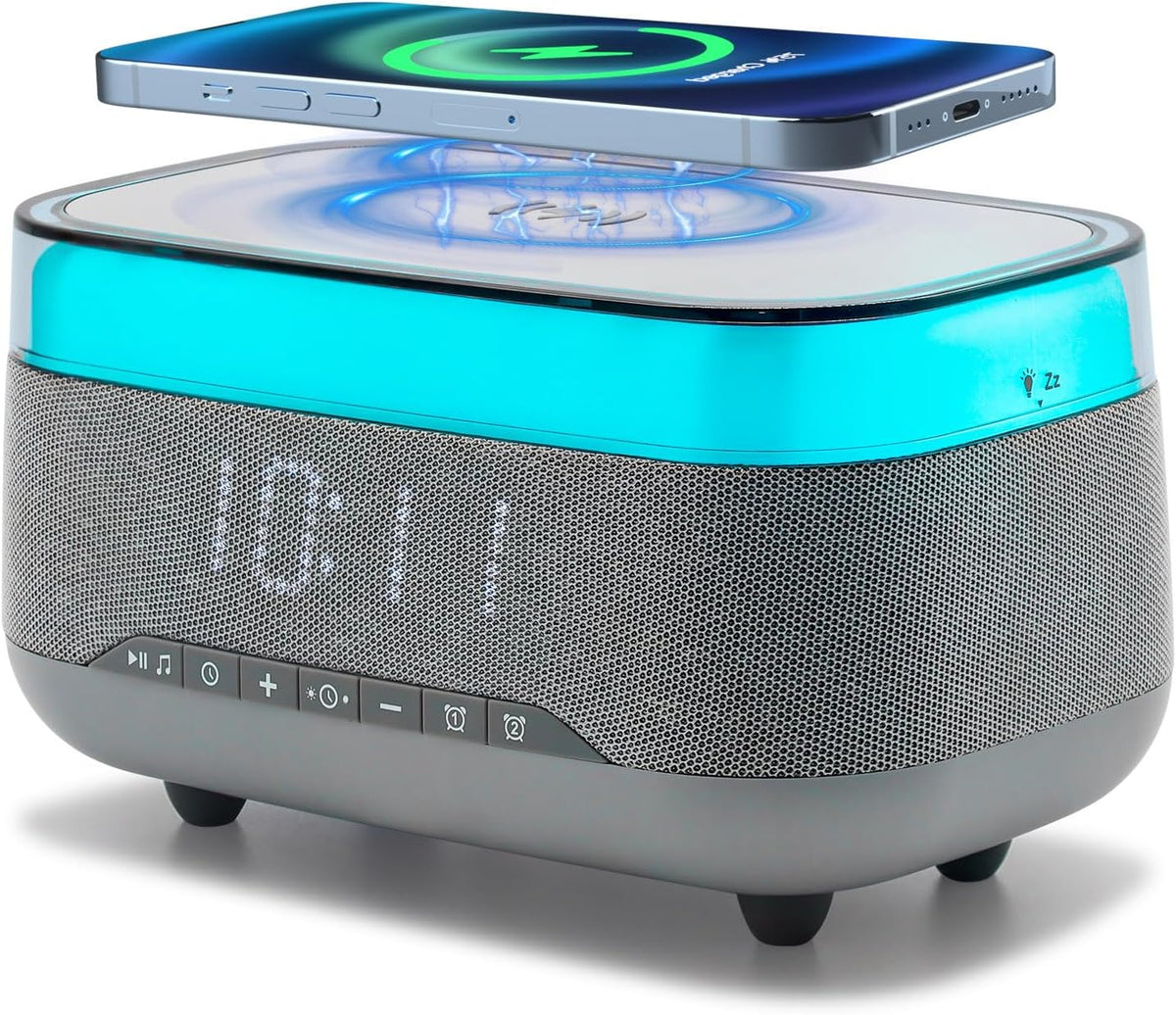 Smart Alarm Clock with 15W Fast Wireless Charger & Bluetooth Speaker - Dual Alarm, Dimmable Display, Touch Bedside Lamp, Nightstand Clock for Bedroom, Office, Home