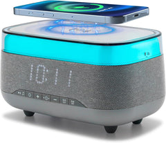 Smart Alarm Clock with 15W Fast Wireless Charger & Bluetooth Speaker - Dual Alarm, Dimmable Display, Touch Bedside Lamp, Nightstand Clock for Bedroom, Office, Home