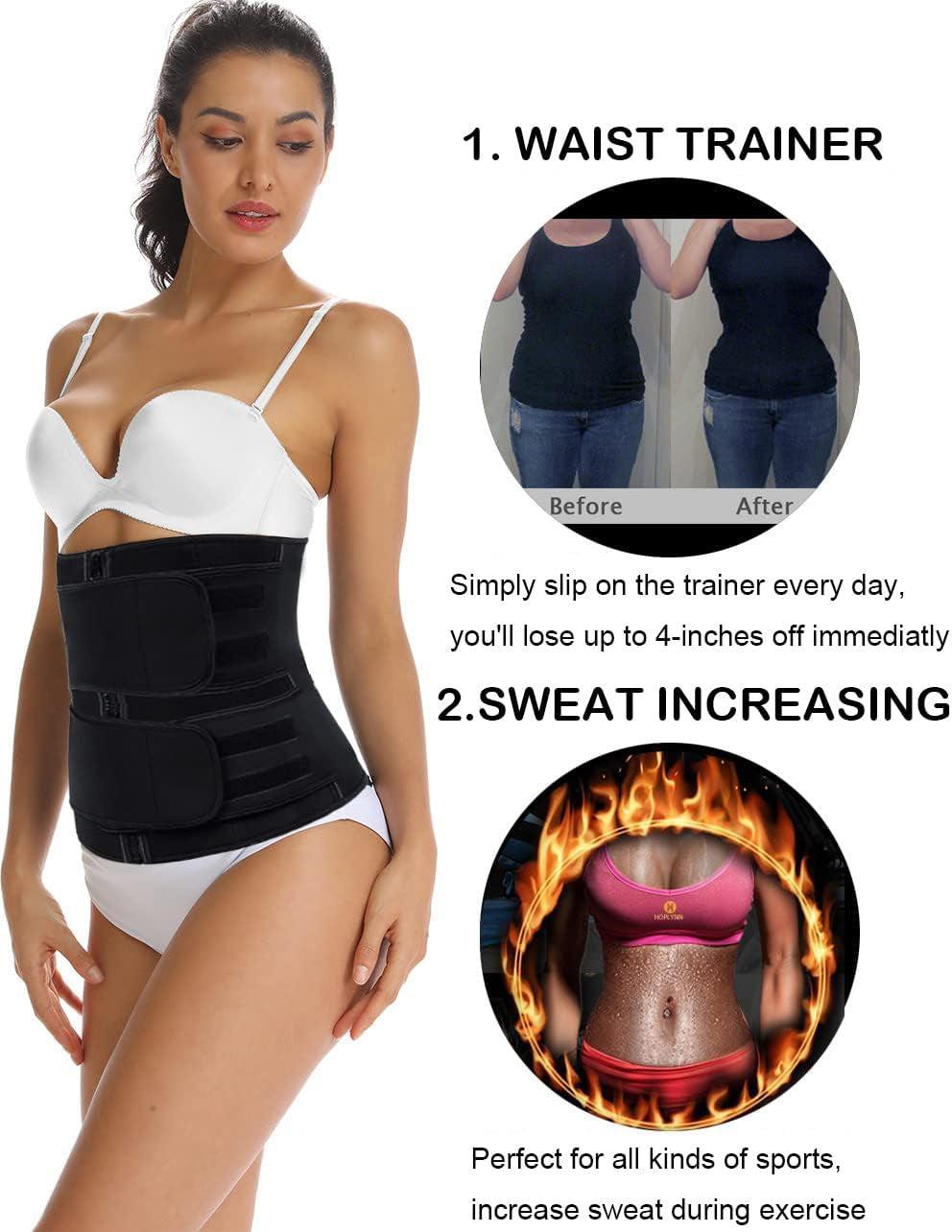 Sweat Waist Trainer for Women Two Belts, Neoprene Workout Corset Waist Trainer Cincher Trimmer Shaper Zipper