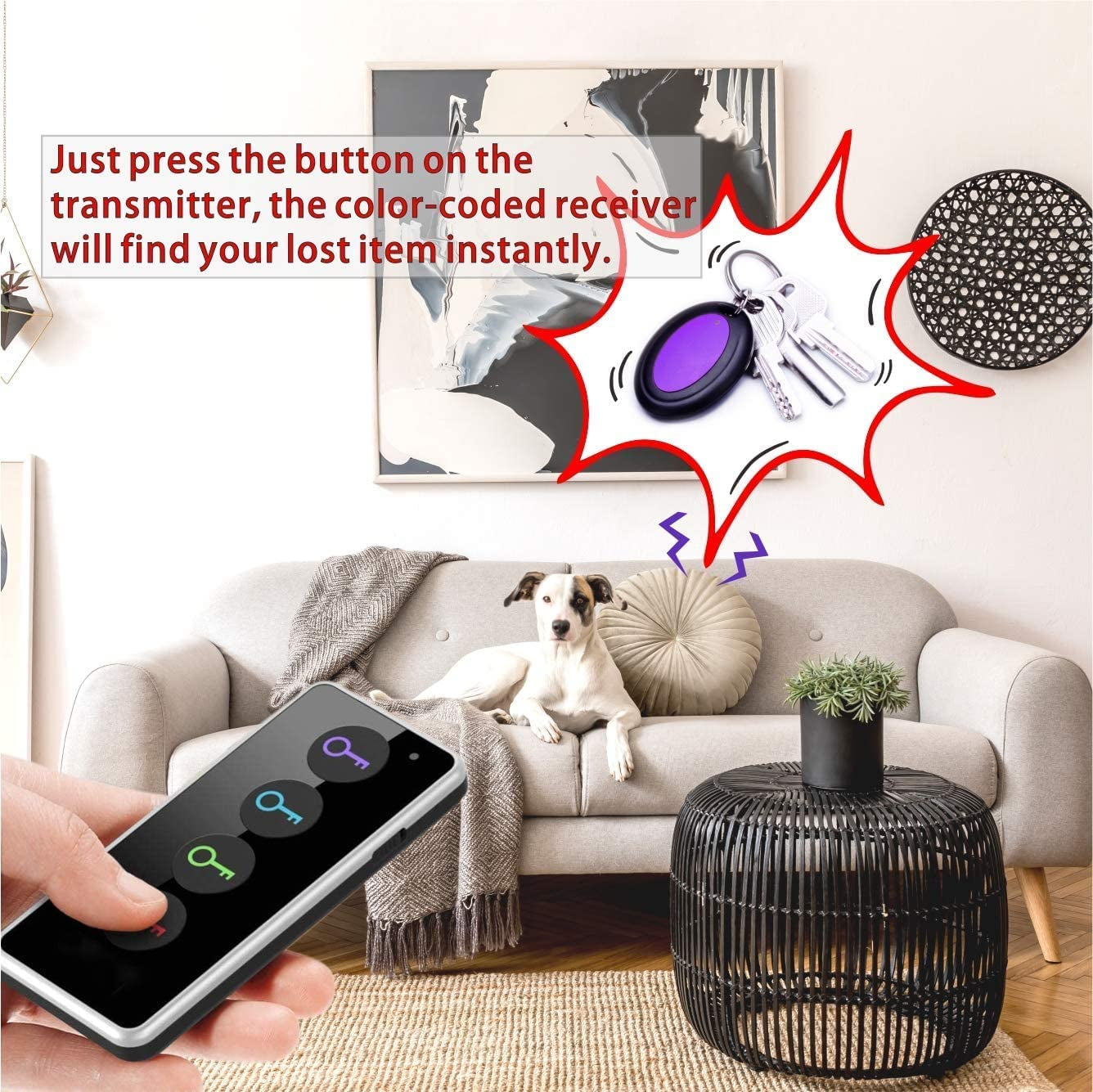 Key Finder, 80Db+ RF Item Locator Tags with 131Ft. Working Range, Wireless Remote Tracker for Wallet, Phone, Glasses, Pet, 1 RF Transmitter & 4 Receivers