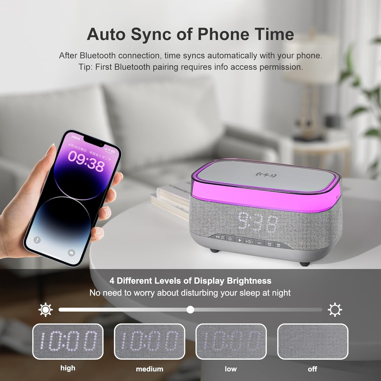 Smart Alarm Clock with 15W Fast Wireless Charger & Bluetooth Speaker - Dual Alarm, Dimmable Display, Touch Bedside Lamp, Nightstand Clock for Bedroom, Office, Home