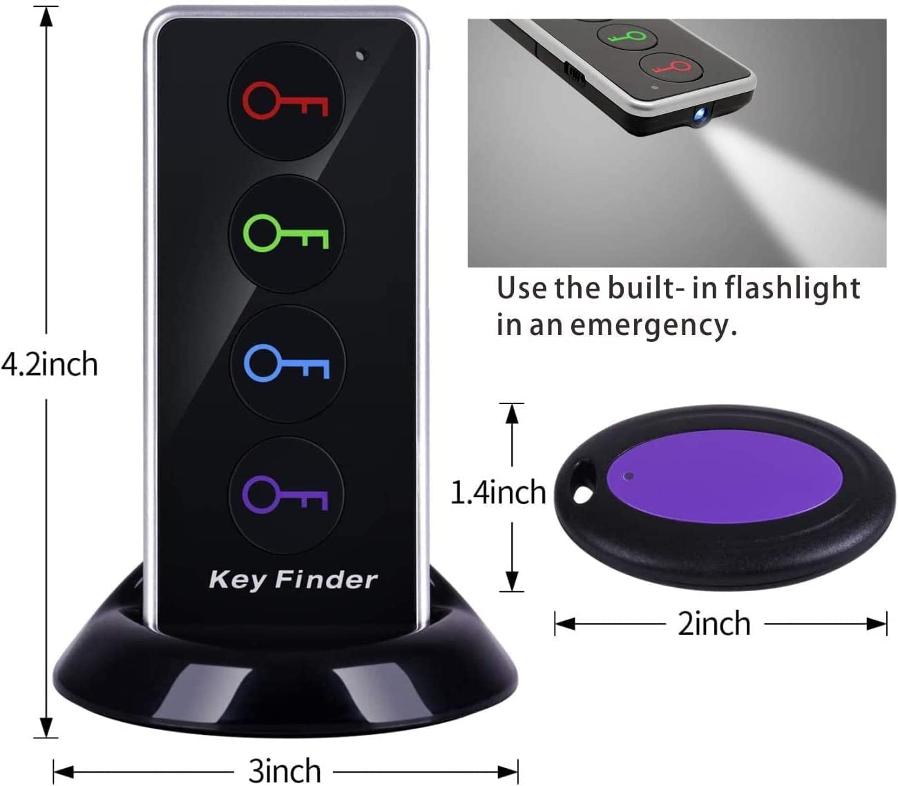 Key Finder, 80Db+ RF Item Locator Tags with 131Ft. Working Range, Wireless Remote Tracker for Wallet, Phone, Glasses, Pet, 1 RF Transmitter & 4 Receivers