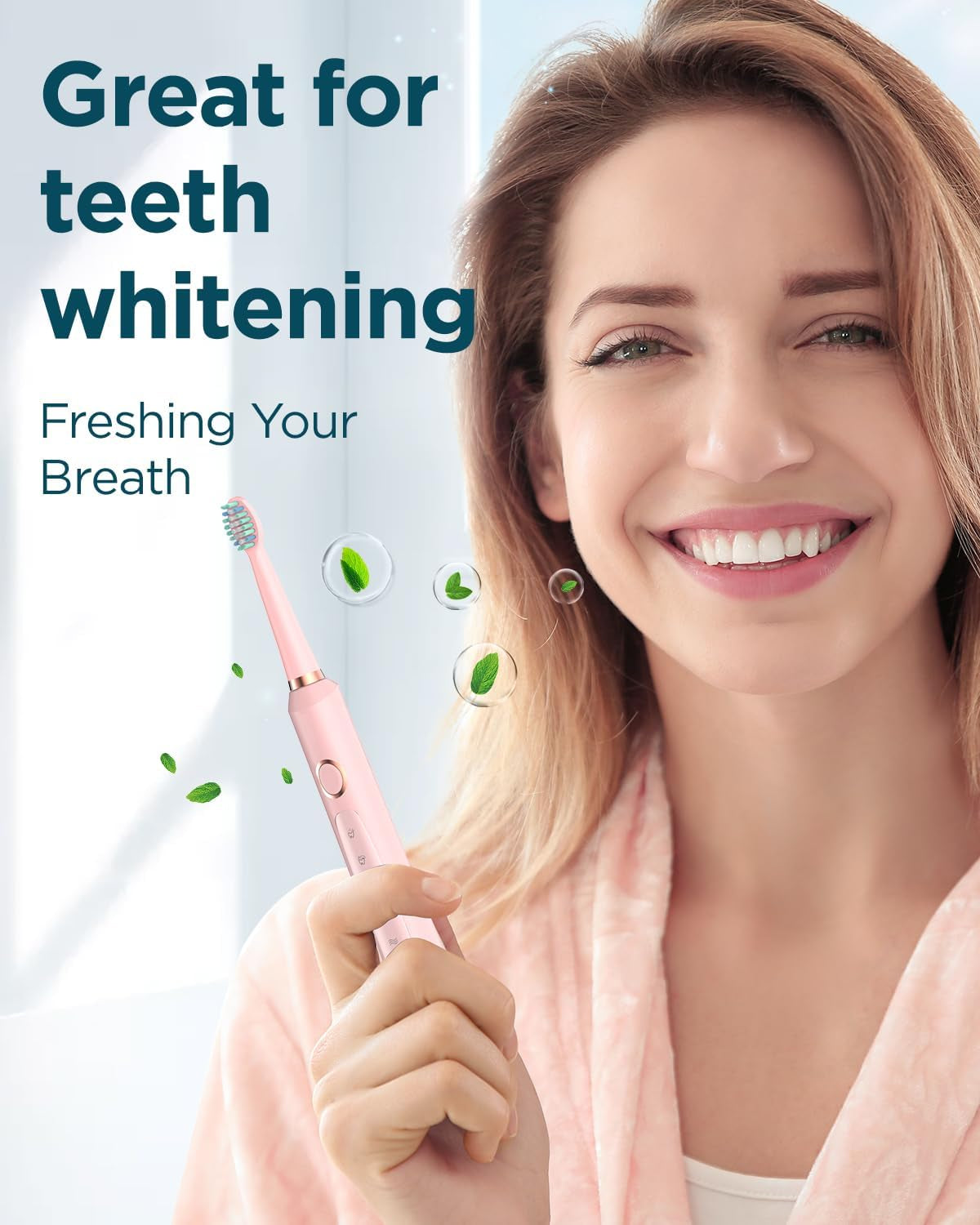 M5 Sonic Electric Toothbrush for Adults and Kids - Rechargeable Electric Toothbrush Kids Ages 12+ and Adults with 8 Brush Heads & Travel Case, 120 Days Battery Life - Pink