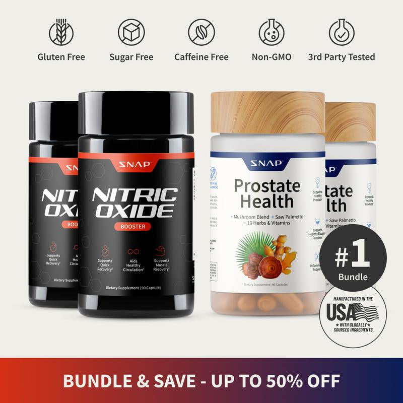 2 Prostate Health + 2 Nitric Oxide Booster (90Ct) Bundle - Natural Supplement Capsules - Support Blood Circulation & Prostate Health