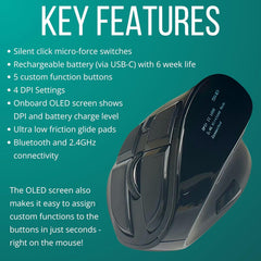 Om Handshake Vertical Mouse | Wireless Ergonomic Mouse | Rechargeable | Silent Click Micro-Force Switches | OLED Screen | Reduces Tension and Fatigue | Compatible with PC and Mac