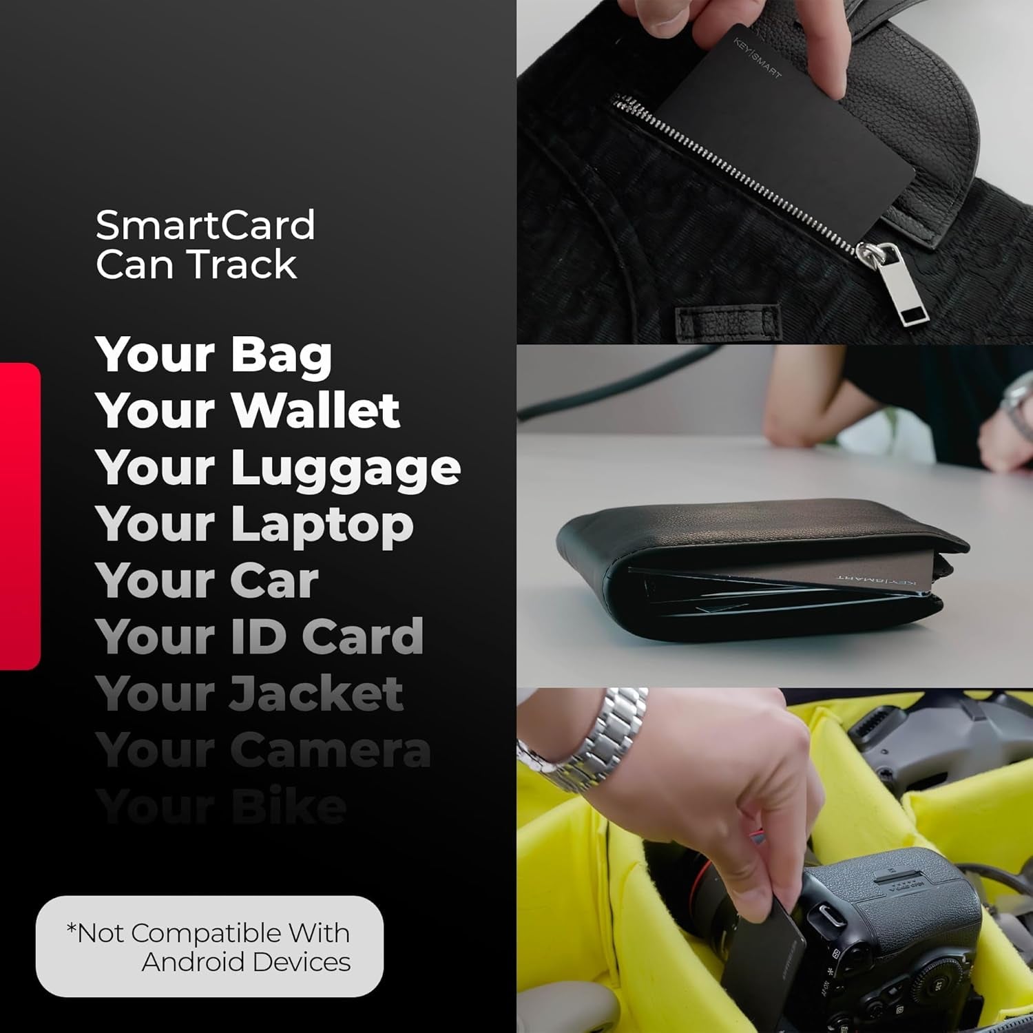 Keysmart Smartcard Wallet Tracker Card, Compatible with Apple Find My App, Rechargeable Thin GPS Item Finder for Luggage Tag, Passport, Smart Bluetooth Tracking with Key Chain Hole Black 1 Pack