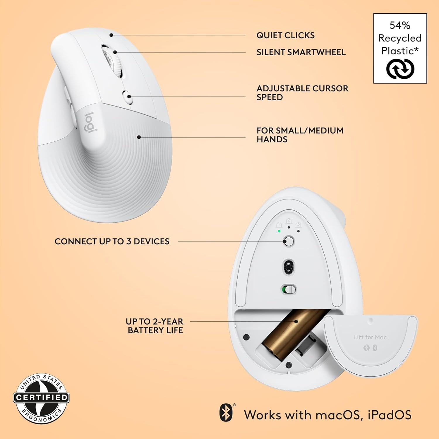 Lift for Mac Wireless Vertical Ergonomic Mouse, Bluetooth, Quiet Clicks, Silent Smartwheel, 4 Customizable Buttons, for Macos/Ipados/Macbook Pro/Macbook Air/Imac/Ipad - off White
