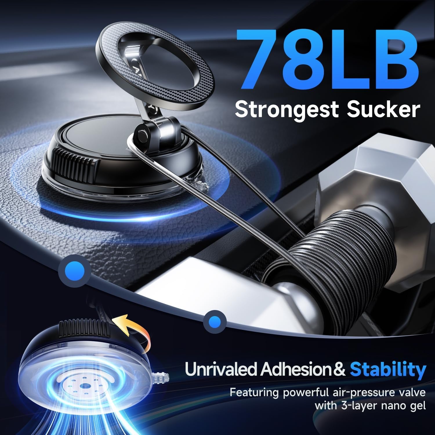 Car Phone Holder for Magsafe [78+LBS Strongest Suction & 2400Gf Strongest Magnetic] 360° Adjustable Car Phone Mount, Cell Phone Holders for Your Car for All Smartphones & All Car Models (Carbon Fiber)