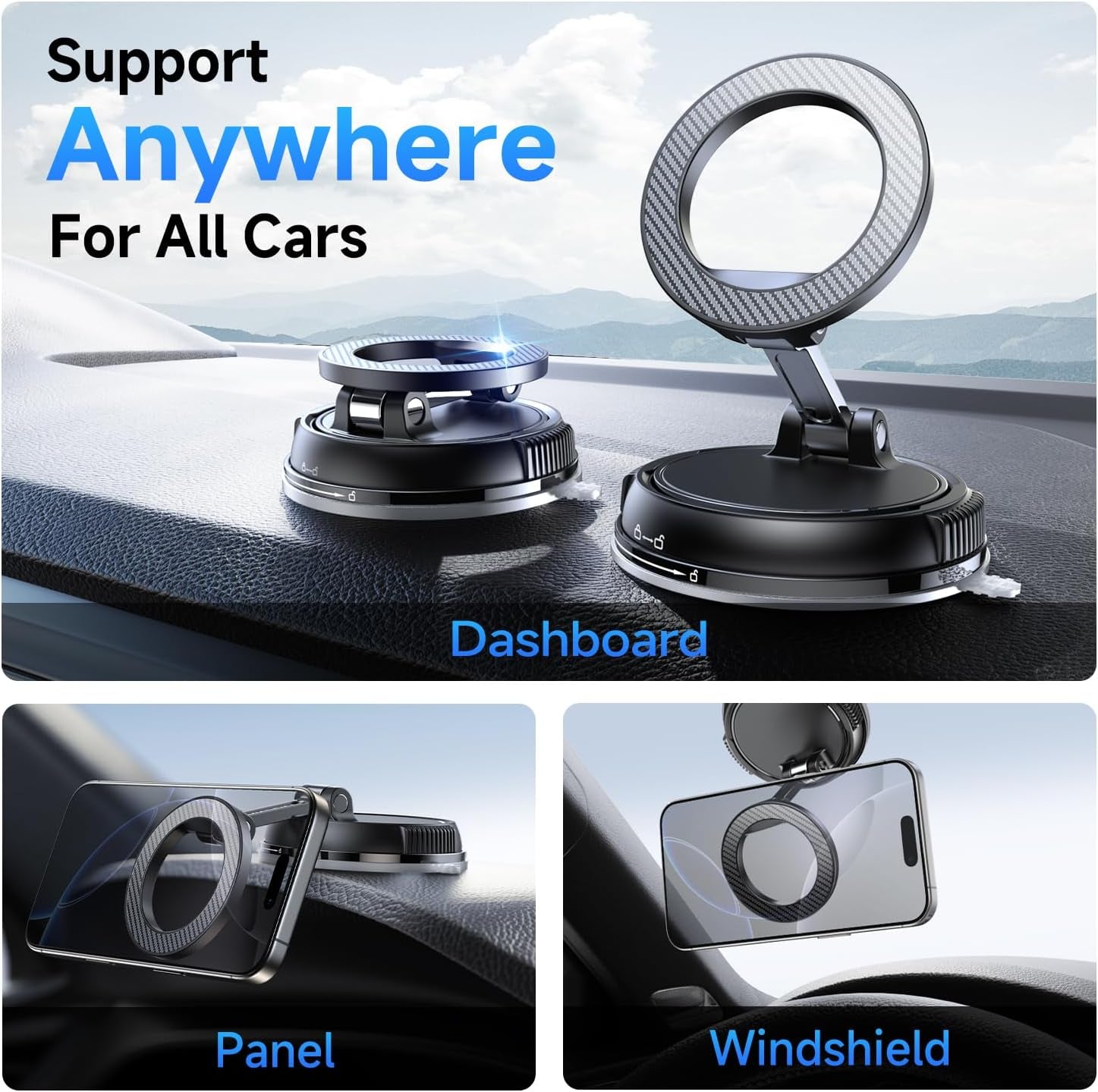 Car Phone Holder for Magsafe [78+LBS Strongest Suction & 2400Gf Strongest Magnetic] 360° Adjustable Car Phone Mount, Cell Phone Holders for Your Car for All Smartphones & All Car Models (Carbon Fiber)