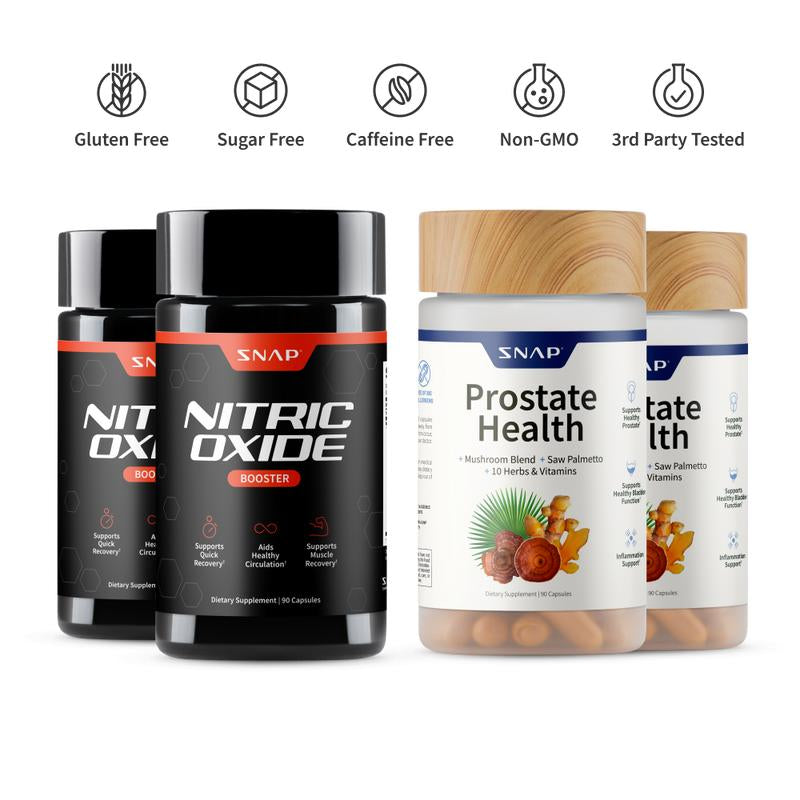 2 Prostate Health + 2 Nitric Oxide Booster (90Ct) Bundle - Natural Supplement Capsules - Support Blood Circulation & Prostate Health