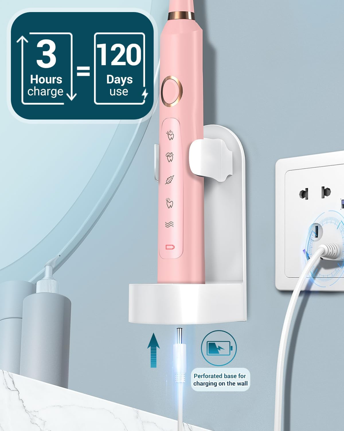 M5 Sonic Electric Toothbrush for Adults and Kids - Rechargeable Electric Toothbrush Kids Ages 12+ and Adults with 8 Brush Heads & Travel Case, 120 Days Battery Life - Pink
