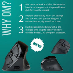 Om Handshake Vertical Mouse | Wireless Ergonomic Mouse | Rechargeable | Silent Click Micro-Force Switches | OLED Screen | Reduces Tension and Fatigue | Compatible with PC and Mac