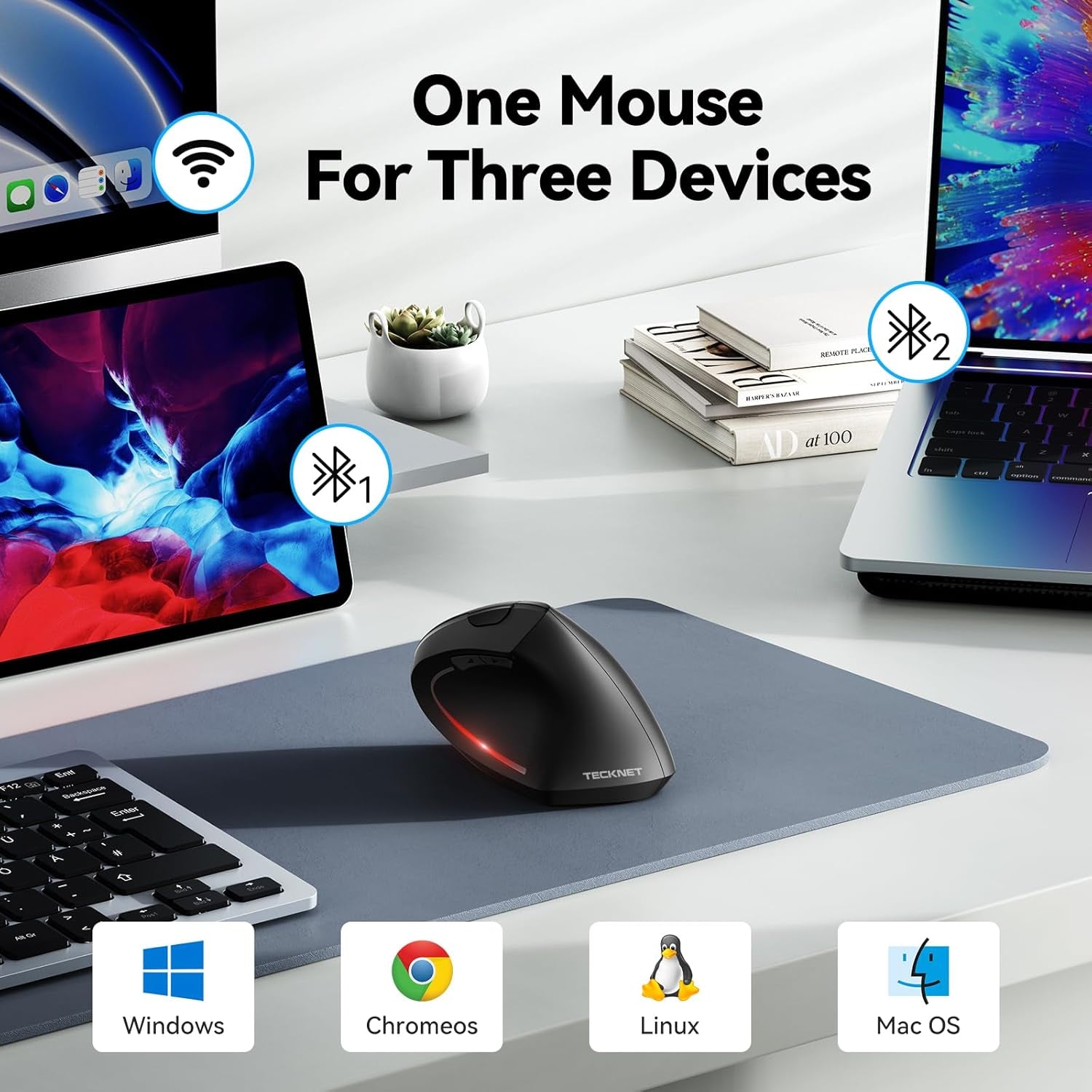 Ergonomic Mouse, Wireless Bluetooth Vertical Mouse, 4800 DPI Optical Tracking, 6 Adjustable DPI, Quiet Clicks, 2.4Ghz with USB a Receiver, 6 Buttons, Wide Compatibility - Black