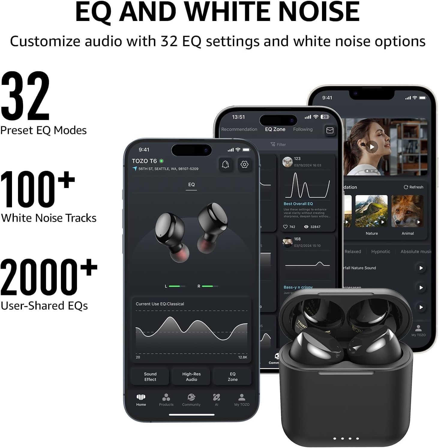 T6 True Wireless Earbuds Bluetooth 5.3 Headphones 50H Long Playtime, Wireless Charging Case, IPX8 Waterproof Stereo Earphones, Built-In Mic Calls, Headset Premium Deep Bass 32 Preset Eqs via APP