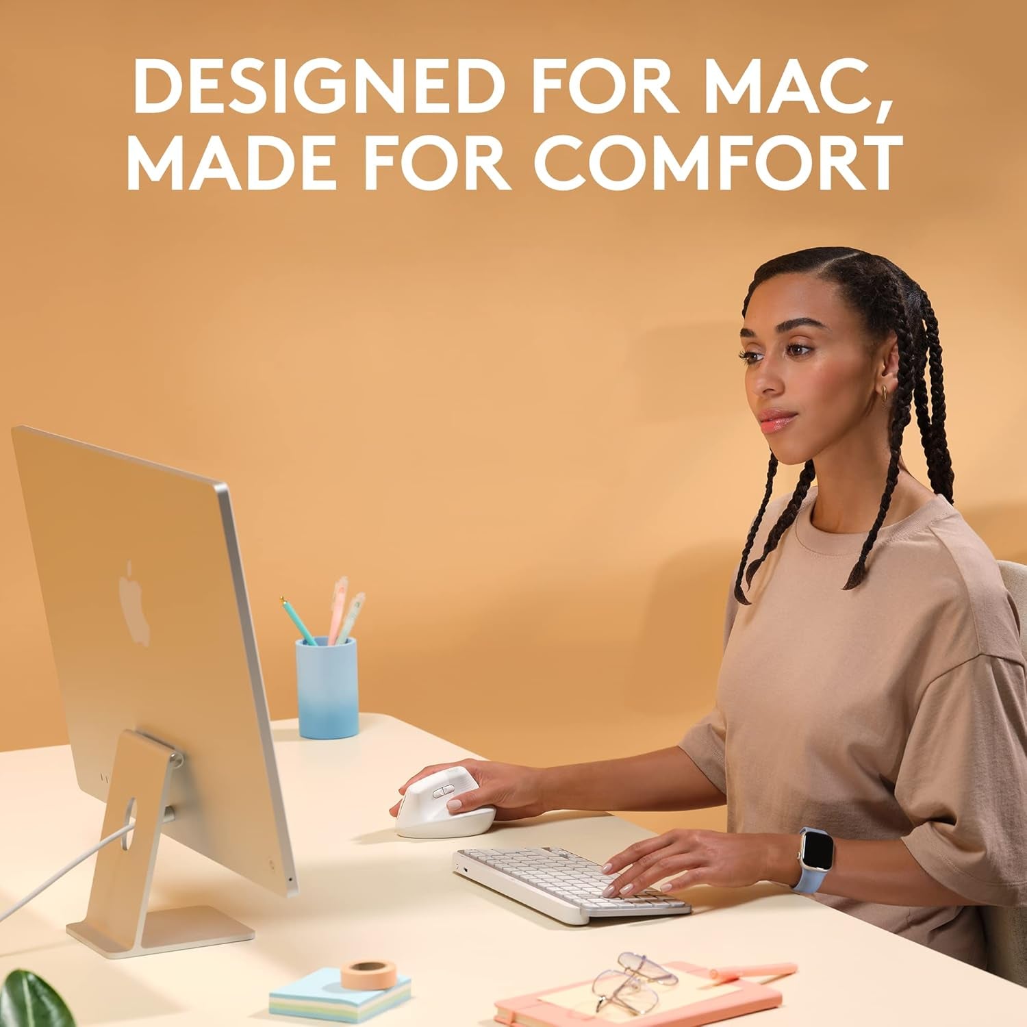 Lift for Mac Wireless Vertical Ergonomic Mouse, Bluetooth, Quiet Clicks, Silent Smartwheel, 4 Customizable Buttons, for Macos/Ipados/Macbook Pro/Macbook Air/Imac/Ipad - off White
