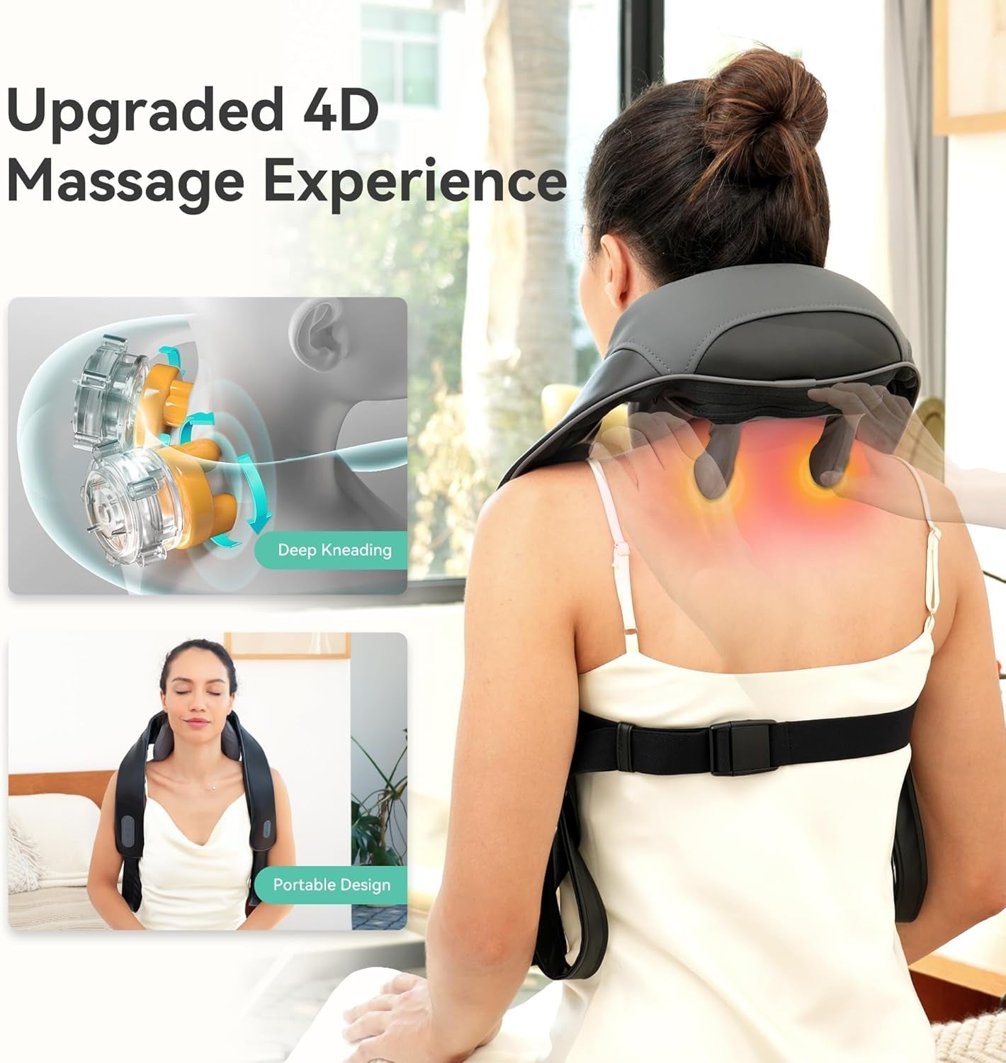 Cordless Neck Shoulder Massager with Soothing Heat, Upgarded 4D Deep Tissue Kneading, Shiatsu Back Massager Pillow for Neck, Traps, Back, Gifts for Men Women Mom Dad
