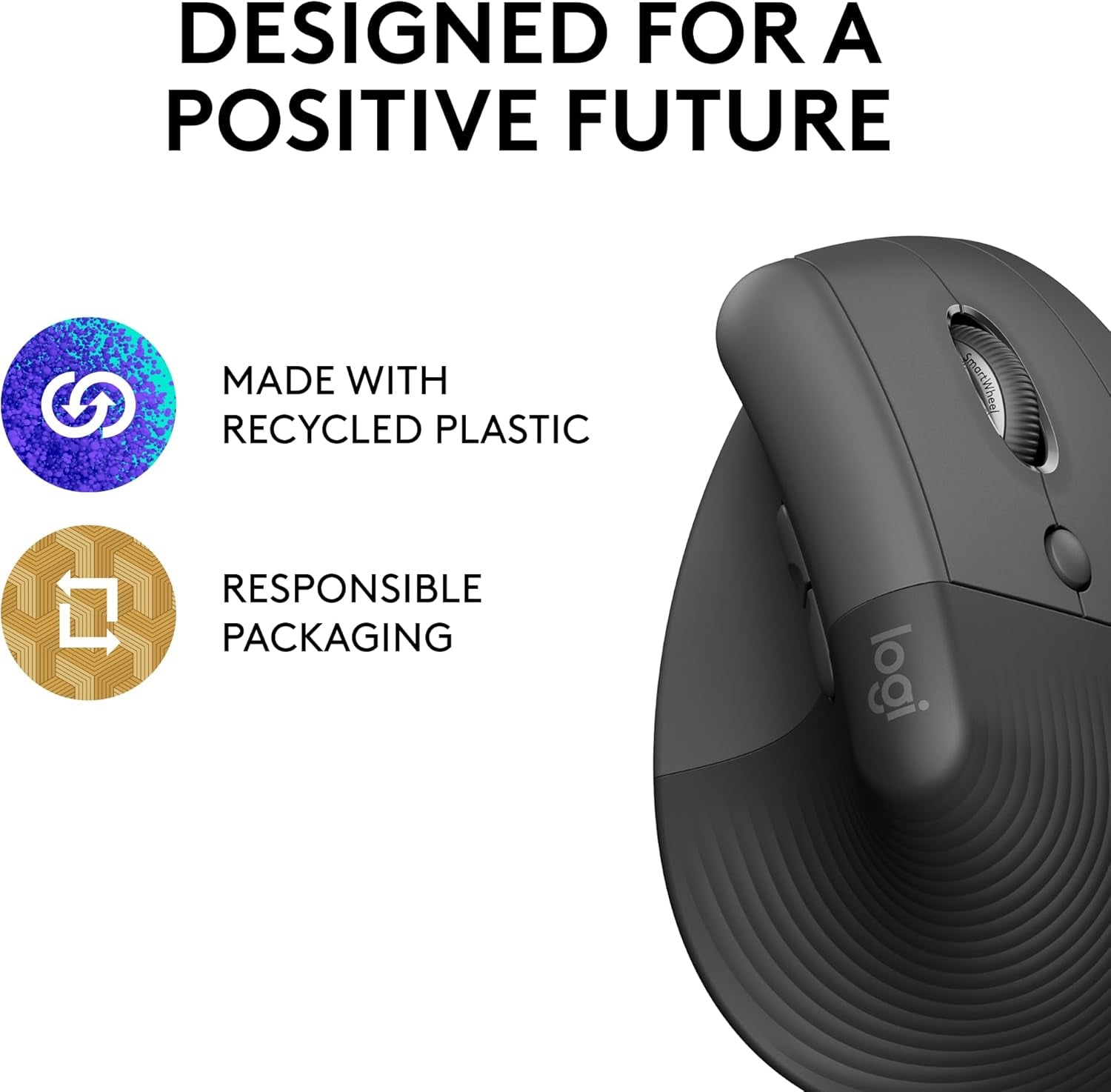 Lift Vertical Ergonomic Mouse, Wireless, Bluetooth or Logi Bolt USB Receiver, Quiet Clicks, 4 Buttons, Compatible with Windows/Macos/Ipados, Laptop, PC - Graphite