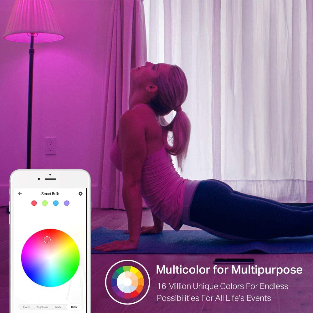 Light Bulbs, Full Color Changing Dimmable Smart Wifi Bulbs Compatible with Alexa and Google Home, A19, 9W 800 Lumens,2.4Ghz Only, No Hub Required, 4 Count (Pack of 1), Multicolor (KL125P4)