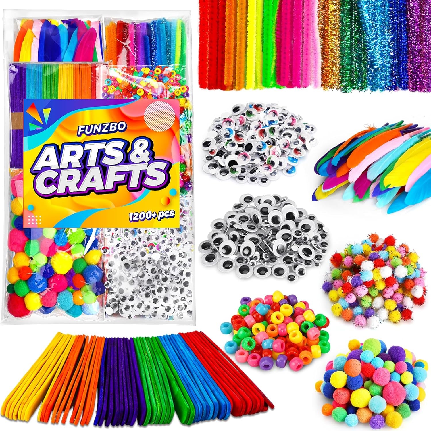 1200Pcs+ Arts & Crafts Supplies for Kids- Easter Craft Kits with Pipe Cleaners, Pom Poms for Crafts, Popsicle Sticks for Craft, Craft for Kids Ages 4-8 Girls & Boys Birathday Gifts
