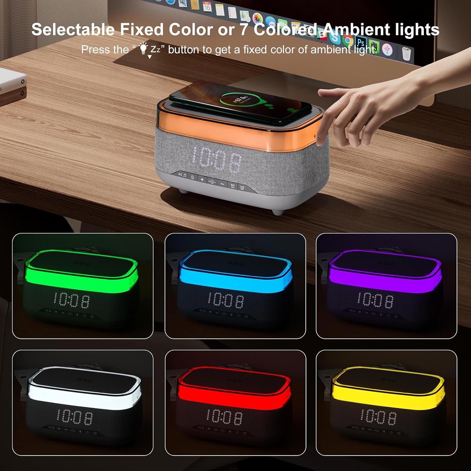 Smart Alarm Clock with 15W Fast Wireless Charger & Bluetooth Speaker - Dual Alarm, Dimmable Display, Touch Bedside Lamp, Nightstand Clock for Bedroom, Office, Home