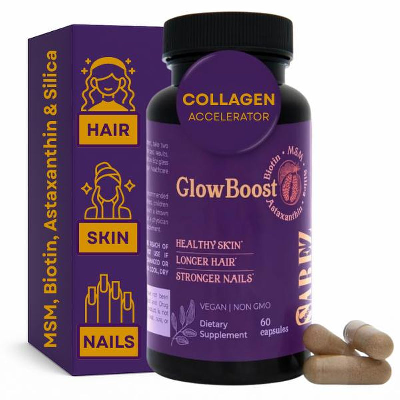 Glowboost Collagen Booster - Supports All 28 Collagen Types with MSM Bamboo Silica Astaxanthin Pomegranate Extract for Hair Skin Nails & Anti-Aging - 60 Vegan Capsules - High Potency Supplement