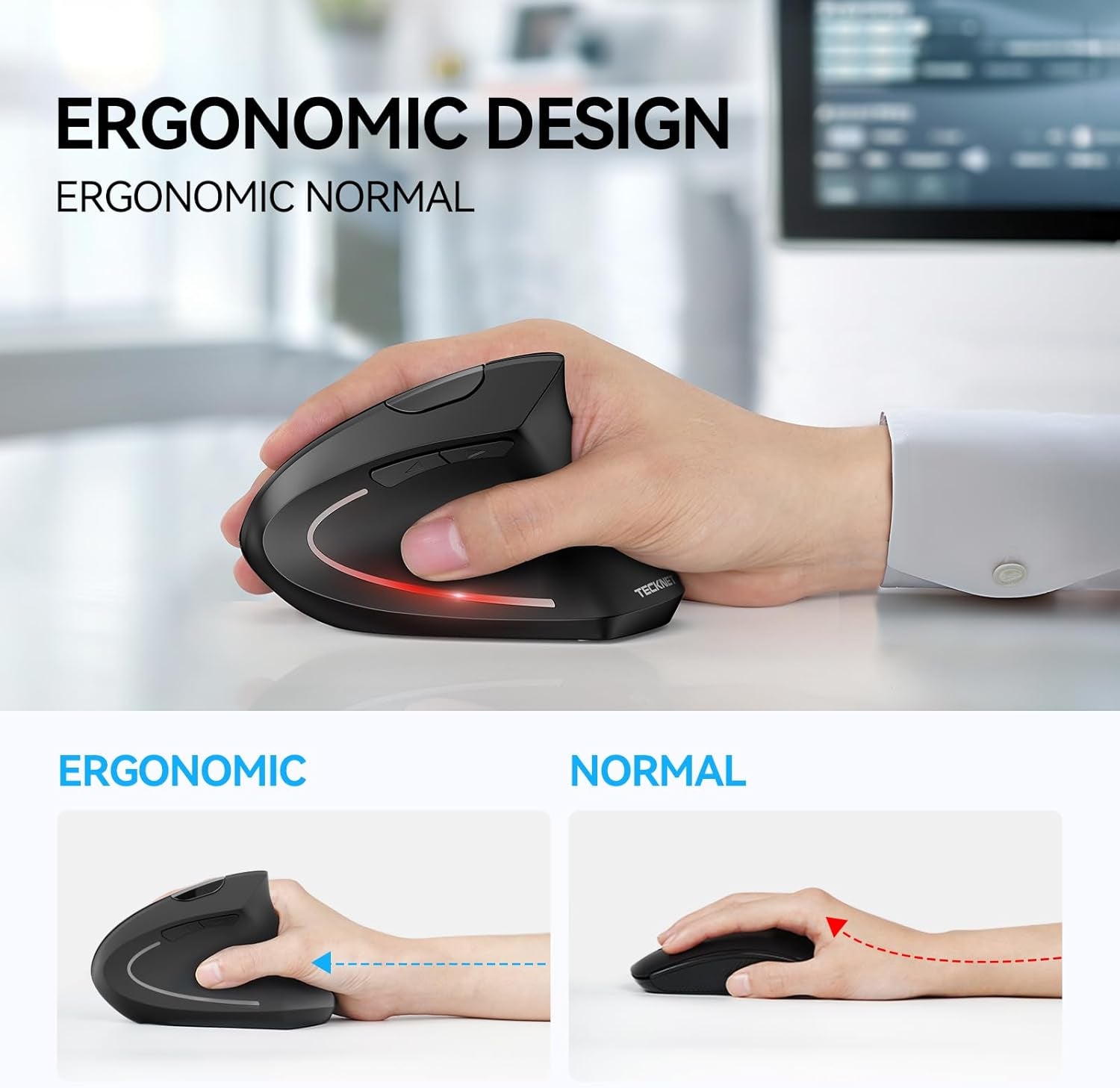 Ergonomic Mouse, Wireless Bluetooth Vertical Mouse, 4800 DPI Optical Tracking, 6 Adjustable DPI, Quiet Clicks, 2.4Ghz with USB a Receiver, 6 Buttons, Wide Compatibility - Black