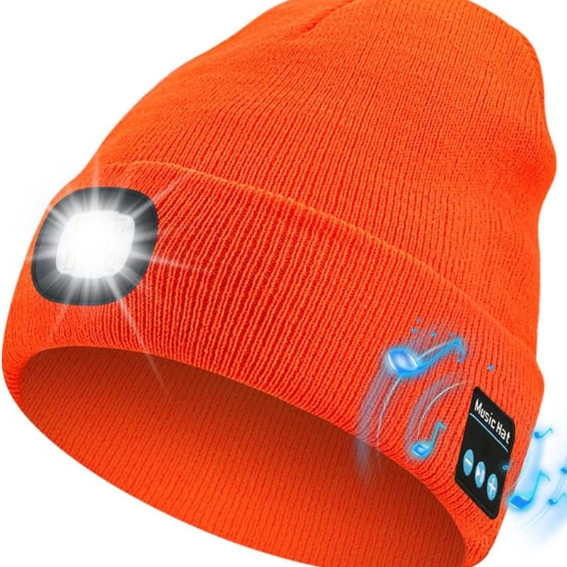 Bluetooth Beanie with Light, Unisex USB Rechargeable 4 LED Fashlight Hat with Cordless Headphones, Unique Christmas Birthday Gifts for Men Husband Teen Warm Beany Knit Balaclava Outdoor Activities Skull Cap Cycling Spider Web Sport Lightweight Sweat