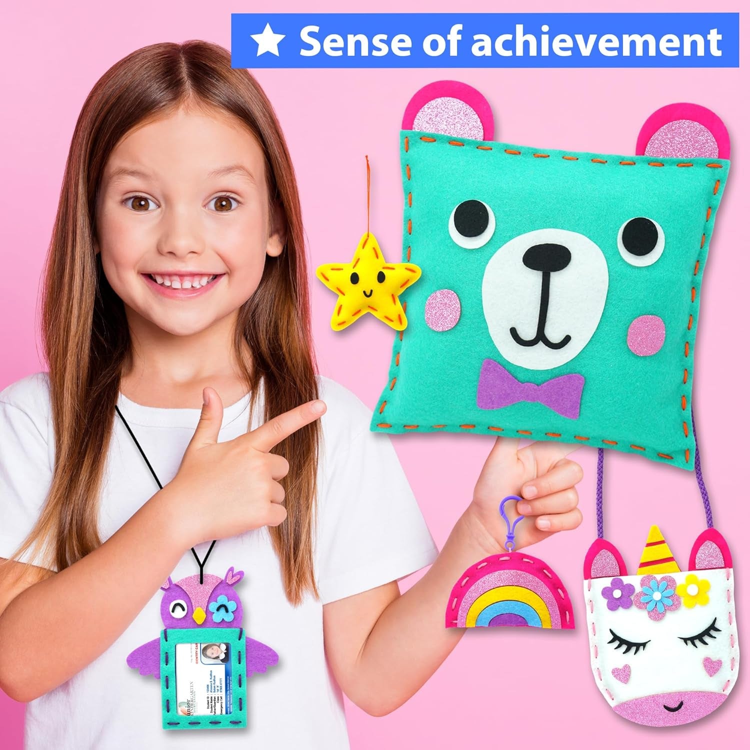 My First Sewing Kit for Beginner Kids Arts & Crafts, 7 Easy DIY Projects of Stuffed Animal Dolls and Plush Pillow Craft, Instructions & Felt, Gift for Girls, Boys, Learn to Sew, Embroidery