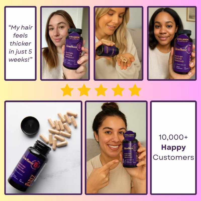 Glowboost Collagen Booster - Supports All 28 Collagen Types with MSM Bamboo Silica Astaxanthin Pomegranate Extract for Hair Skin Nails & Anti-Aging - 60 Vegan Capsules - High Potency Supplement