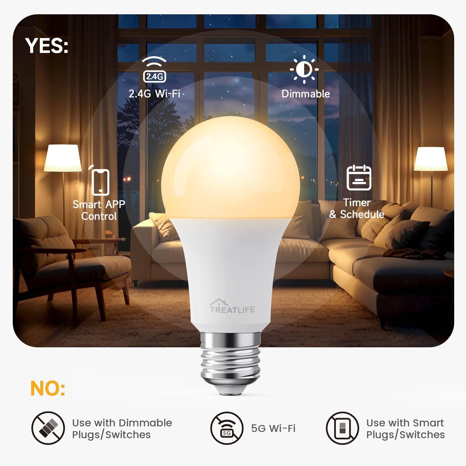 Smart Light Bulbs 4Pack, 2500K-6500K Tunable White Dimmable LED Light Bulb Compatible with Alexa and Google Home, 2.4Ghz Wifi Smart Bulb, 800LM, E26 A19 9W, No Hub Required
