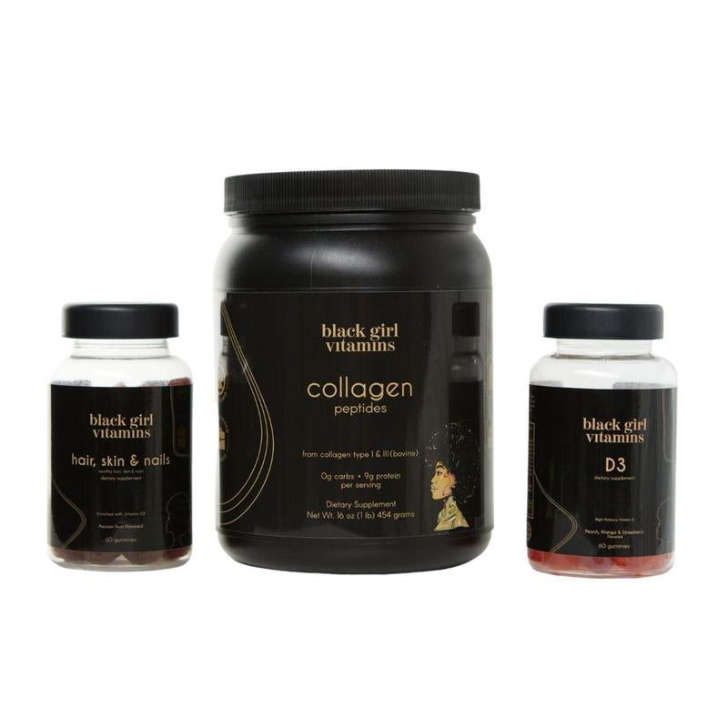 Black Girl Vitamins Beauty Bundle 3-Pack - Collagen Peptides Hair Skin & Nails D3 Supplement for Makeup Cosmetic Needs Edible Healthcare Dietary Fitness Women'S Wellness Healthy Hair Radiant Skin