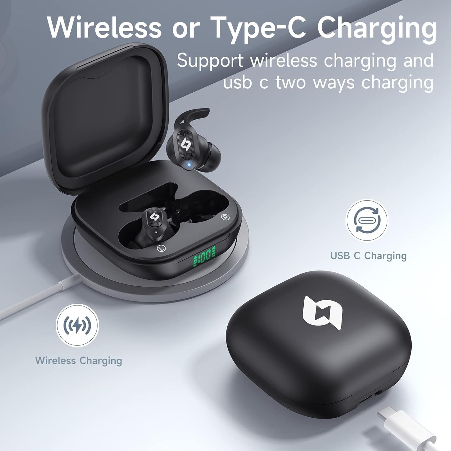 Wireless Earbuds Bluetooth Headphones with Wireless Charging Case 32H Playback LED Display in Ear Earphones Waterproof Ear Buds Built in Mic Stereo Bass for Iphone Samsung Android Sport Workout Gym TV