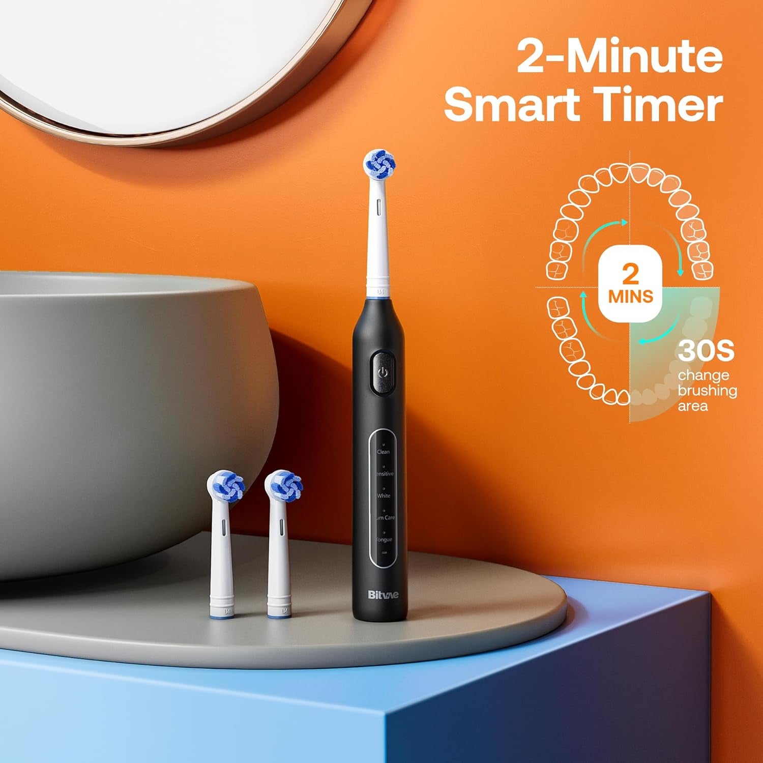 R1 Rotating Electric Toothbrush with 8 Brush Heads for Adults and Kids, 60-Day Battery Life, 5 Modes Rechargeable Power Toothbrush with 2-Minute Smart Timer, Black