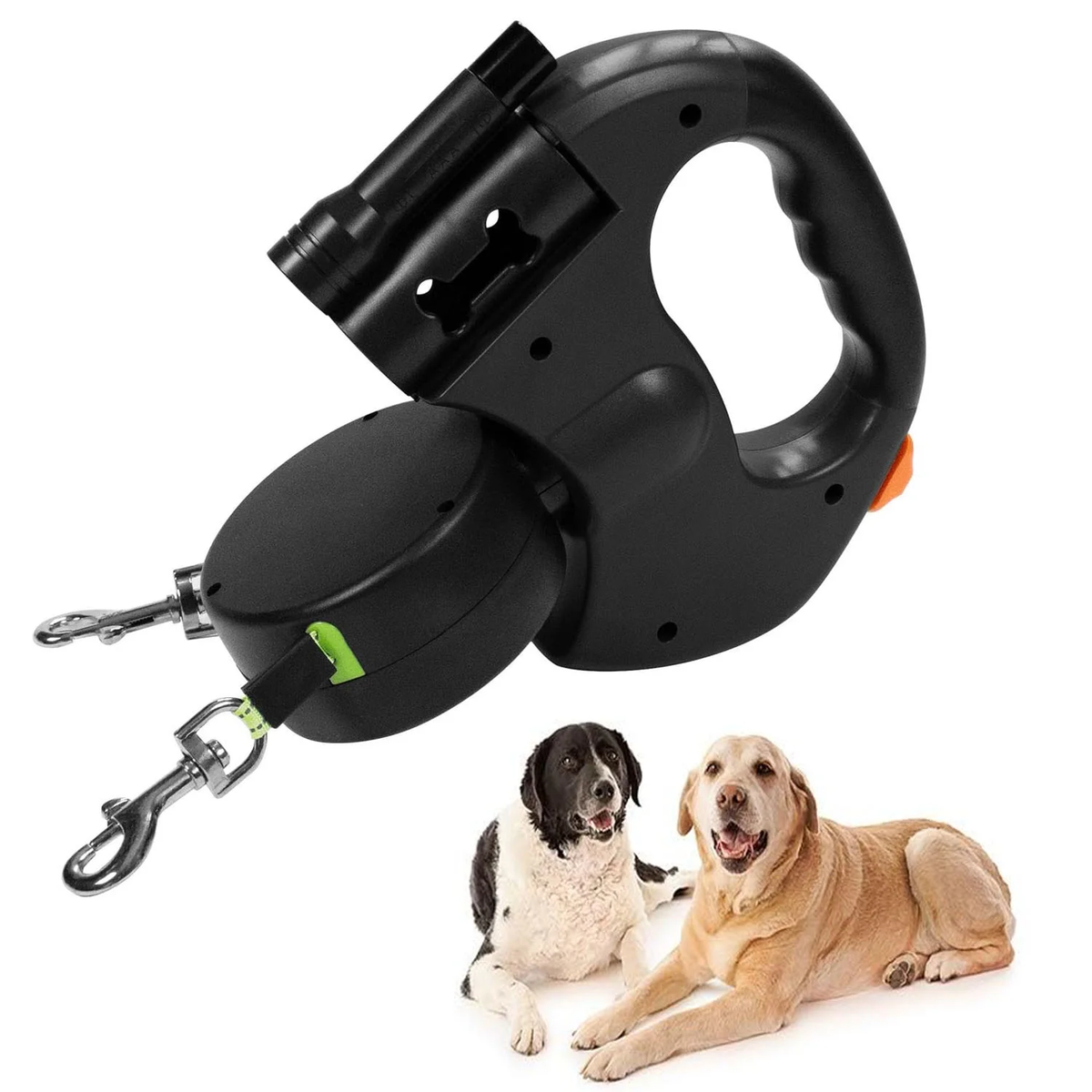 Two Dog Reflective Retractable Pet Leash – 360 Degree No Tangle Double Dogs Reflective Orange and Green Leads. Dual Locking 10 Ft Leads