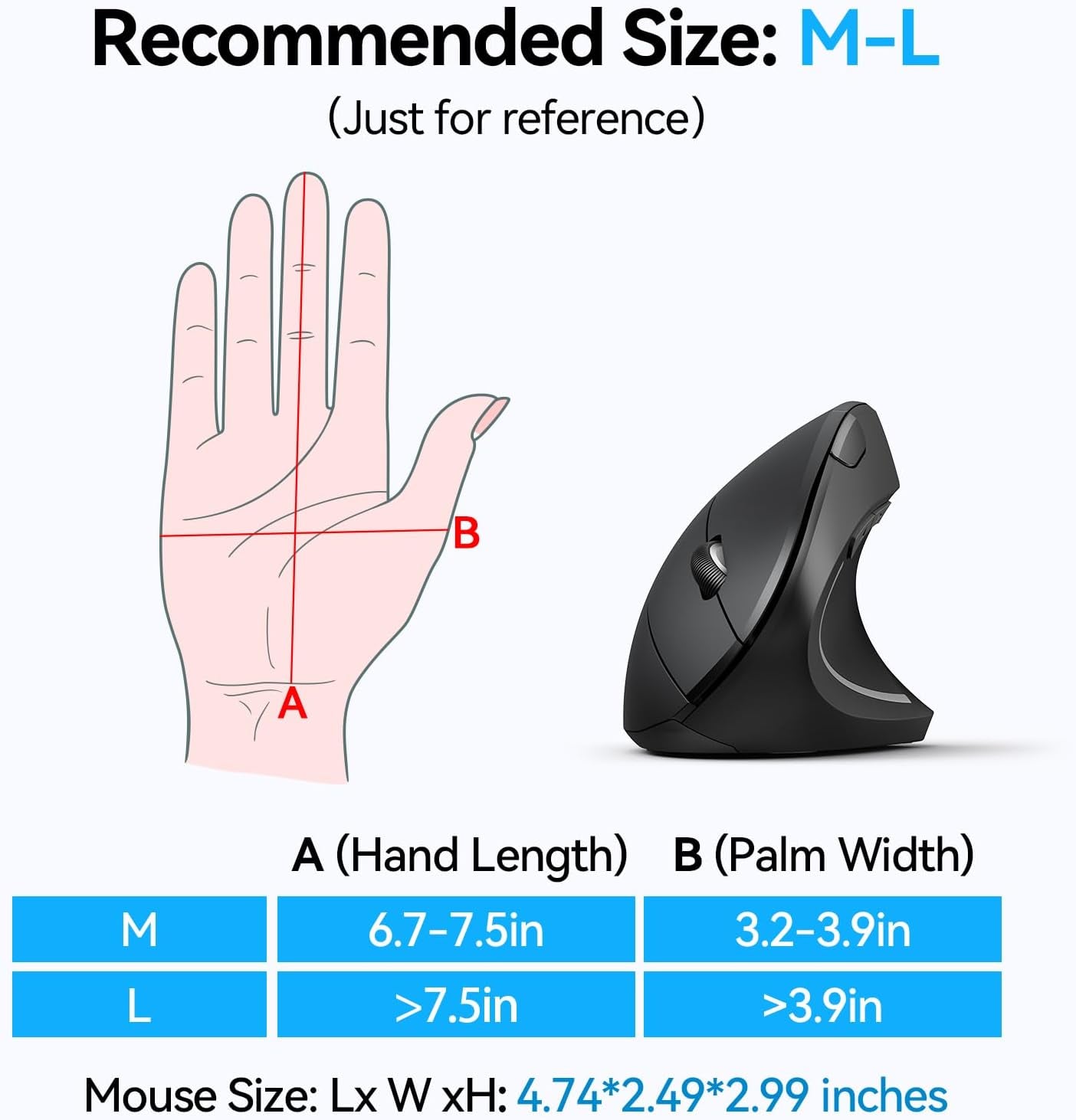 Ergonomic Mouse, Wireless Bluetooth Vertical Mouse, 4800 DPI Optical Tracking, 6 Adjustable DPI, Quiet Clicks, 2.4Ghz with USB a Receiver, 6 Buttons, Wide Compatibility - Black