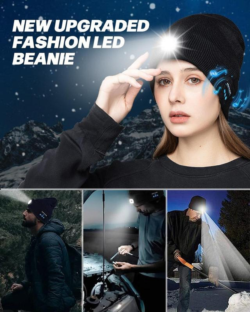 Bluetooth Beanie with Light, Unisex USB Rechargeable 4 LED Fashlight Hat with Cordless Headphones, Unique Christmas Birthday Gifts for Men Husband Teen Warm Beany Knit Balaclava Outdoor Activities Skull Cap Cycling Spider Web Sport Lightweight Sweat